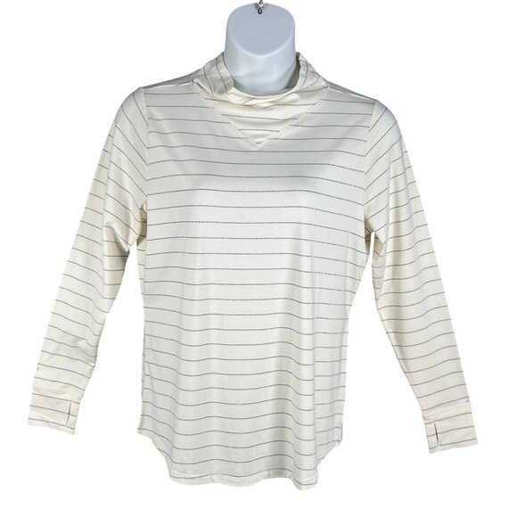T by Talbots NWT Womens 1X Long Sleeve Metallic Striped Cowl Neck Top Nautical - Picture 1 of 16